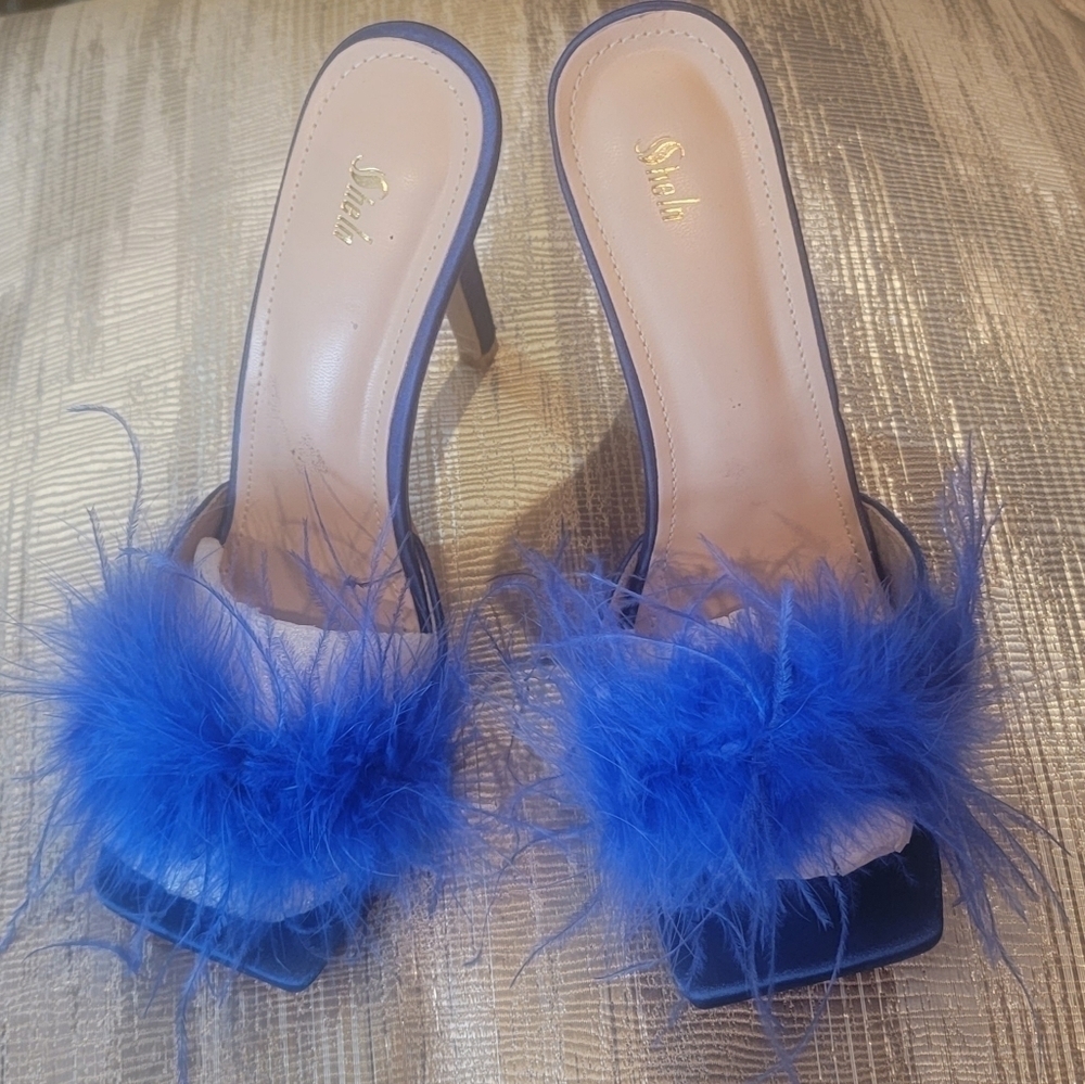 Royal Blue High Heel Stiletto Feather Fluffy Sandals/Sexy Slippers/Mules/Slides - Picture 2 of 15